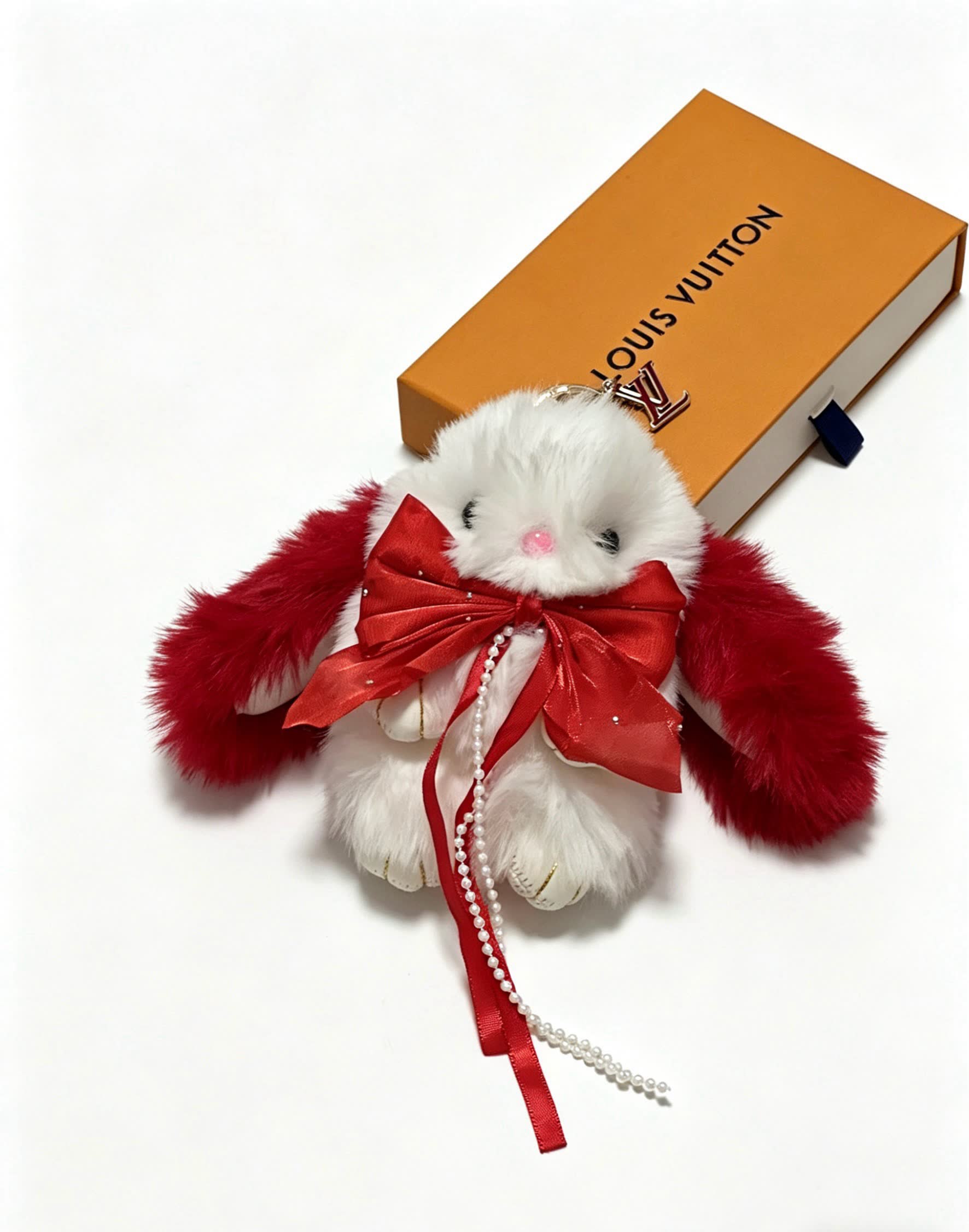 Louis Vuitton Luxury White Rabbit Keychain with Pearls and Ribbons